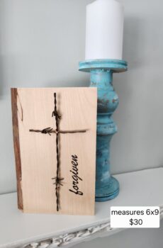 Handmade Solid Wood Barbwire Cross “Forgiven” – Freestanding Rustic Faith Decor | Made in the USA