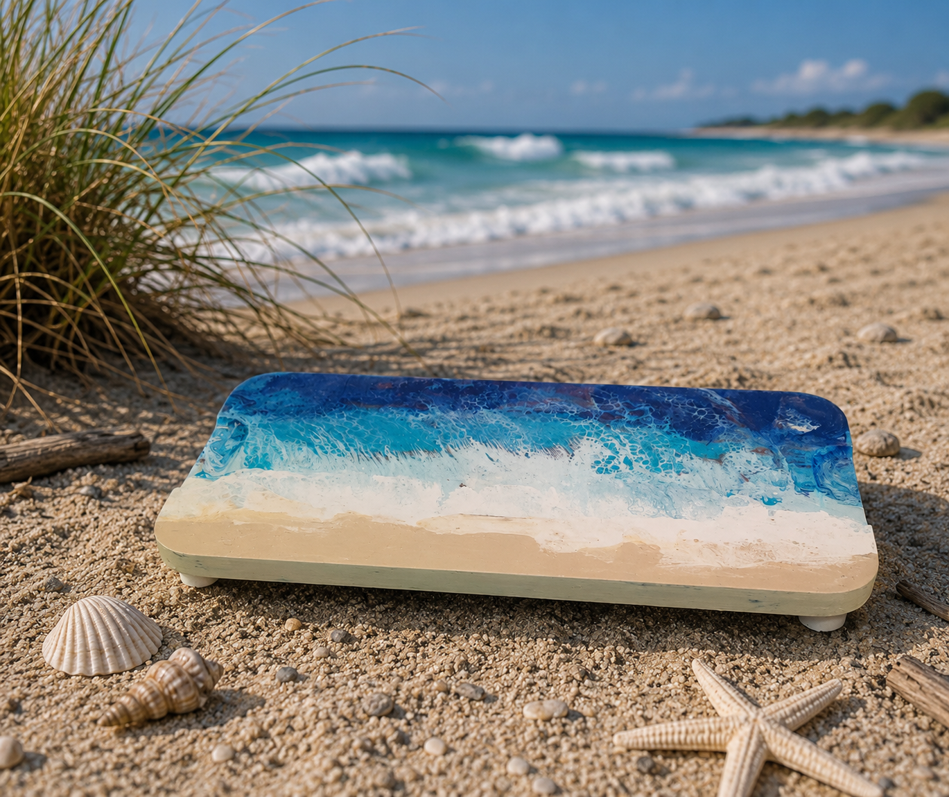 Solid Wood Pedestal – Acrylic Pour Beach & Water Scene