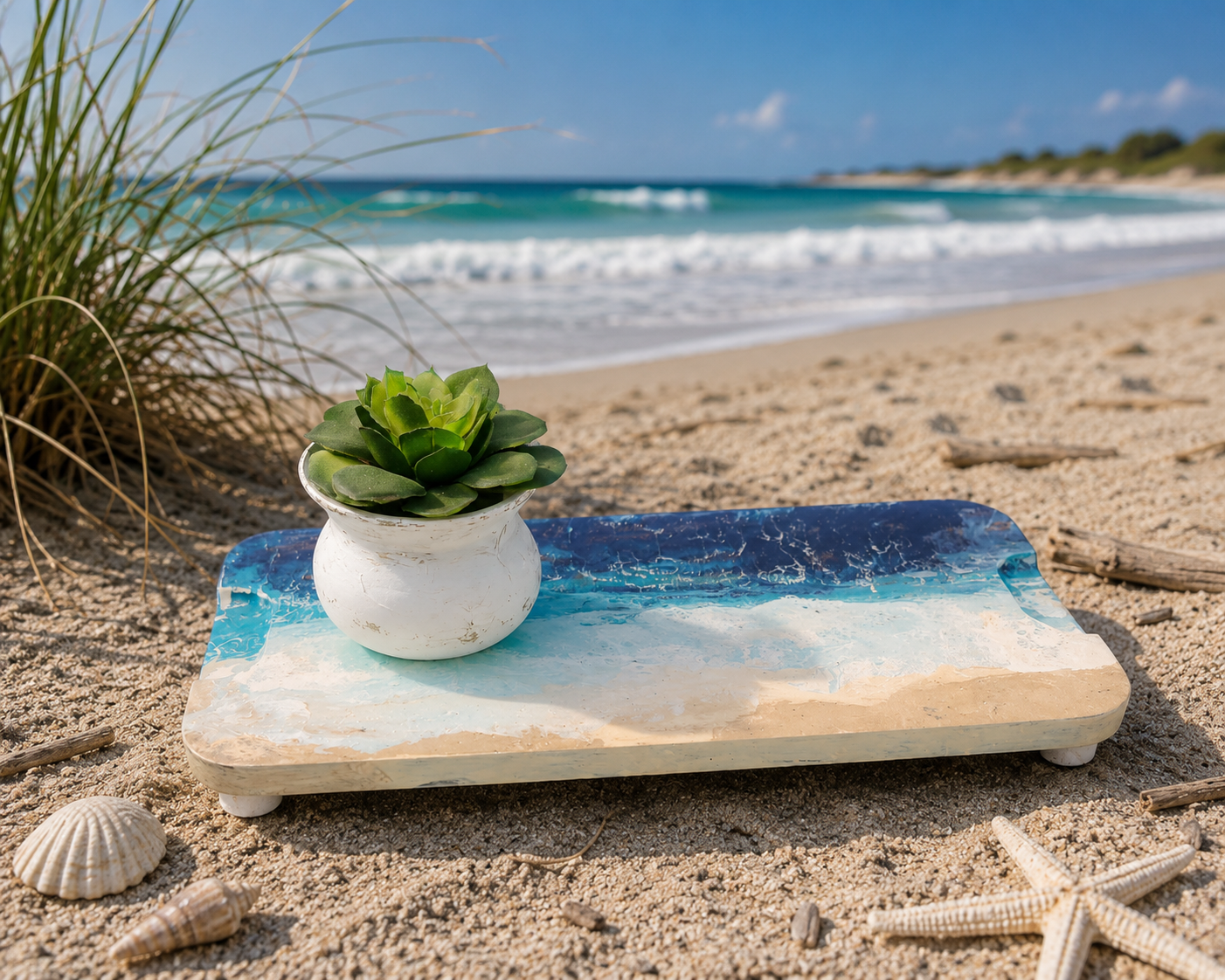 Solid Wood Pedestal – Acrylic Pour Beach & Water Scene - Image 10