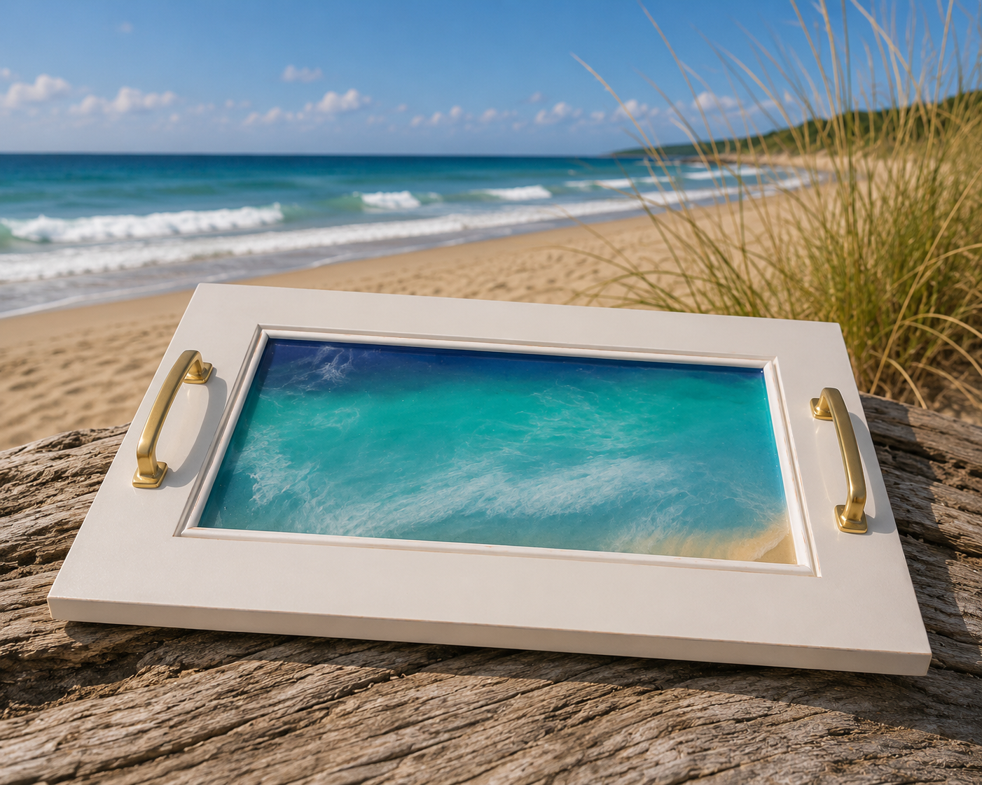 Handmade Wood & Epoxy Resin Serving Tray – Ocean Water Design - Crafted in the USA