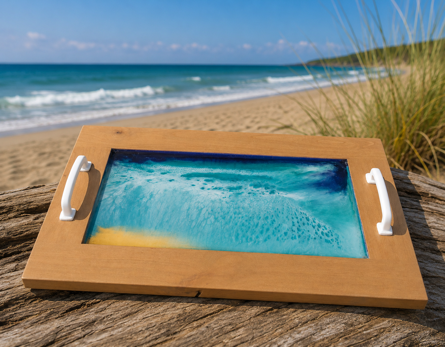 Handmade Wood & Epoxy Resin Serving Tray – Ocean Water Design - Crafted in the USA
