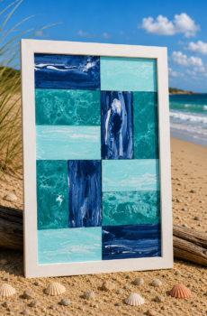 Handmade Coastal Acrylic Pour Painting – Ocean Waves Wall Art, Blue Turquoise Teal, Solid Wood Frame, Made in USA!