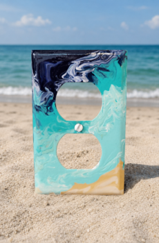 Hand-Painted Coastal Duplex Metal Outlet Cover – Acrylic Pour Beach Design | Crafted in the USA
