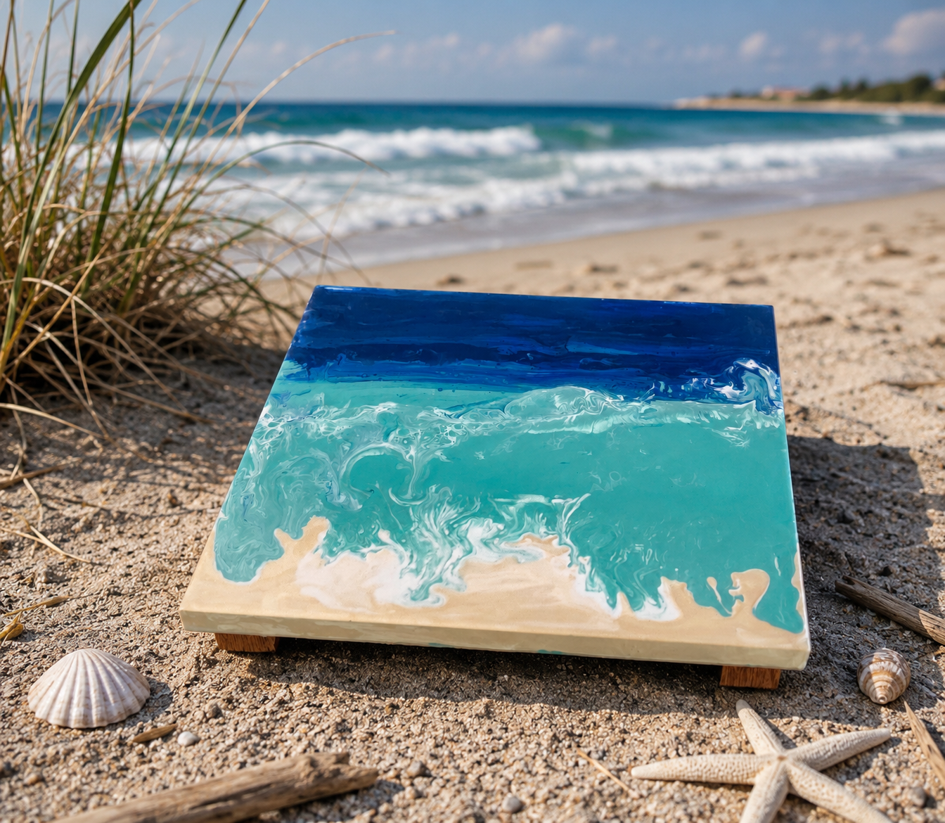 Pedestal – Acrylic Pour Beach & Water Scene