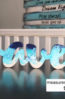 Handmade “Travel” Word Decor with Driftwood Sailboat – Ocean-Inspired Acrylic Pour Art