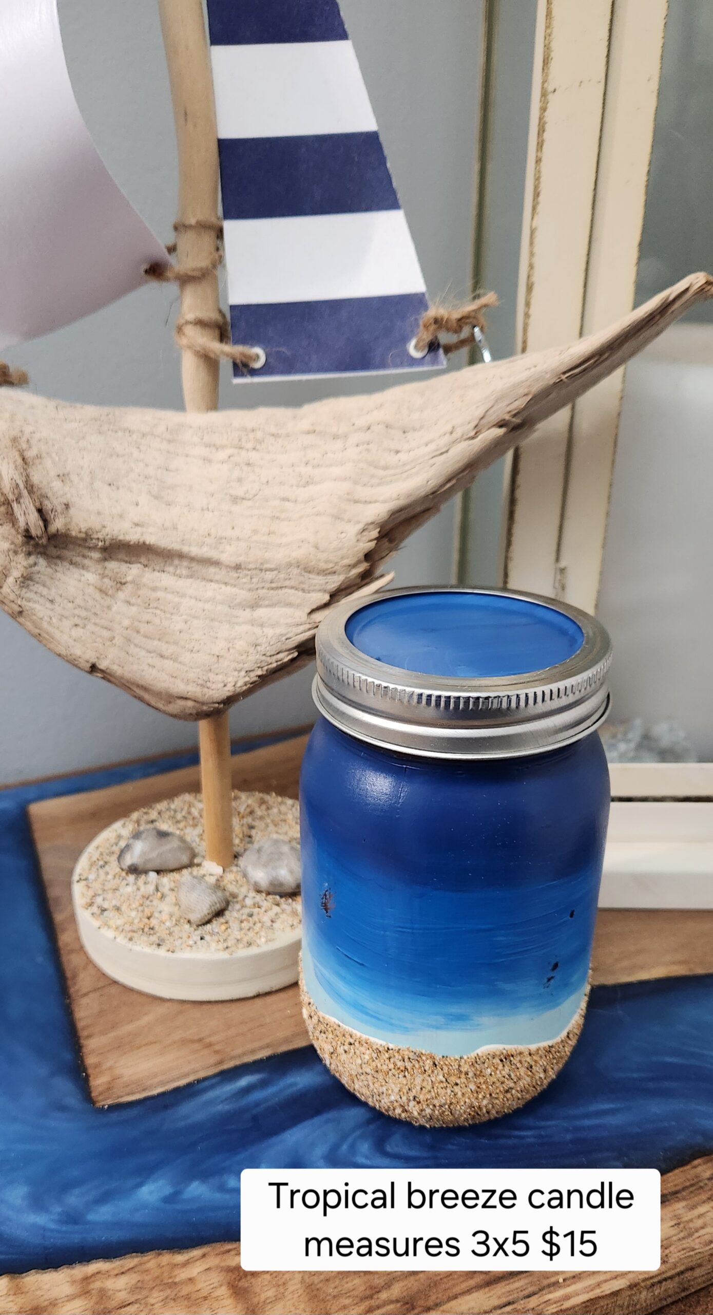 Tropical Breeze Scented Candle – Hand-Painted Mason Jar with Beach Scene & Real Sand – Coastal Home
