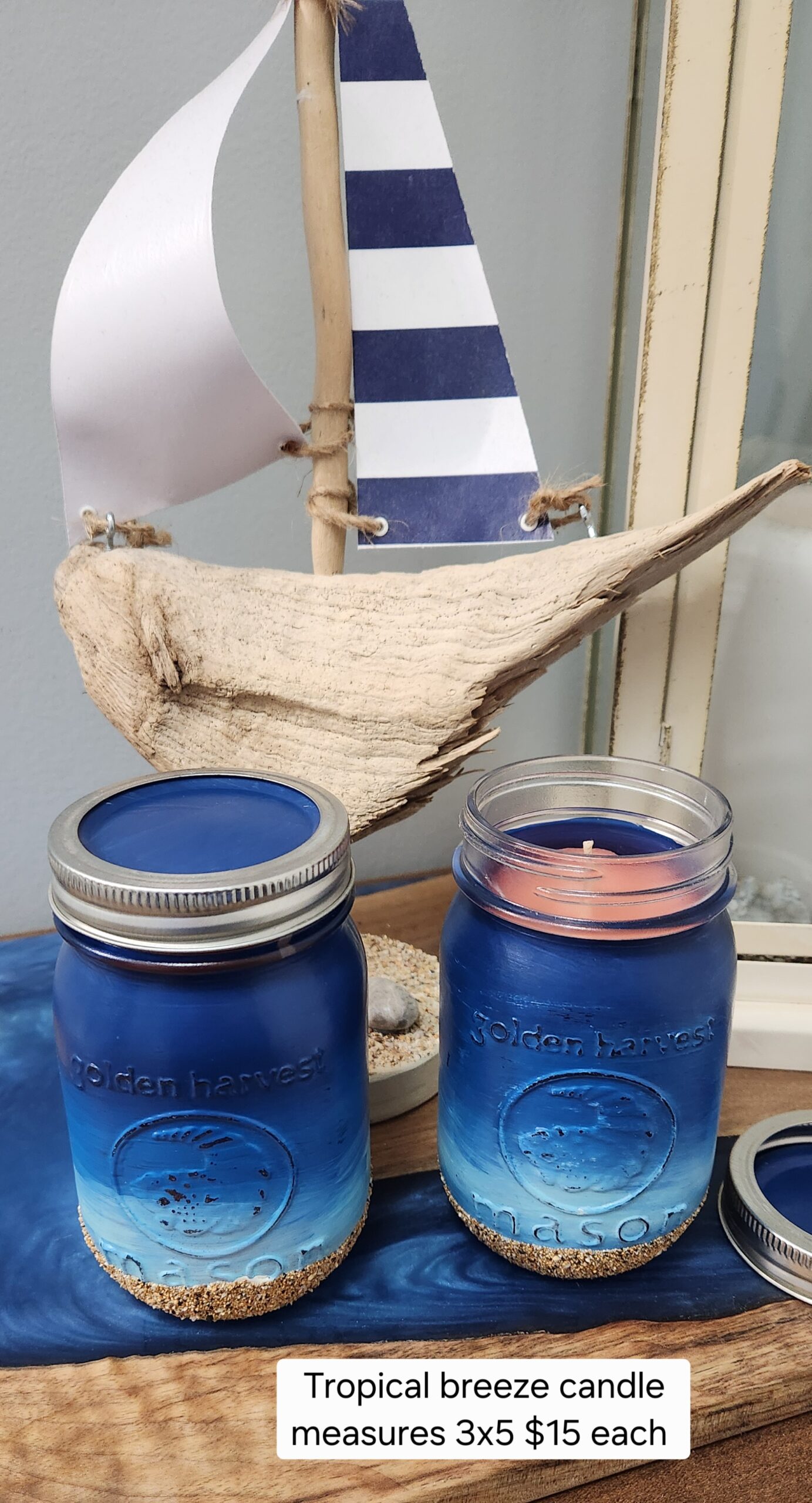 Tropical Breeze Scented Candle – Hand-Painted Mason Jar with Beach Scene & Real Sand – Coastal Home - Image 2