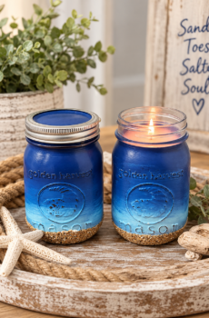 Tropical Breeze Scented Candle – Hand-Painted Mason Jar with Beach Scene & Real Sand – Coastal Home