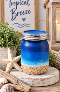 Tropical Breeze Scented Candle – Hand-Painted Mason Jar with Beach Scene & Real Sand – Coastal Home