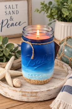 Tropical Breeze Scented Candle – Hand-Painted Mason Jar with Beach Scene & Real Sand – Coastal Home