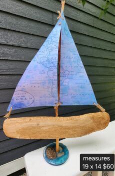 Driftwood Sailboat Figurine with Petoskey Stone Base