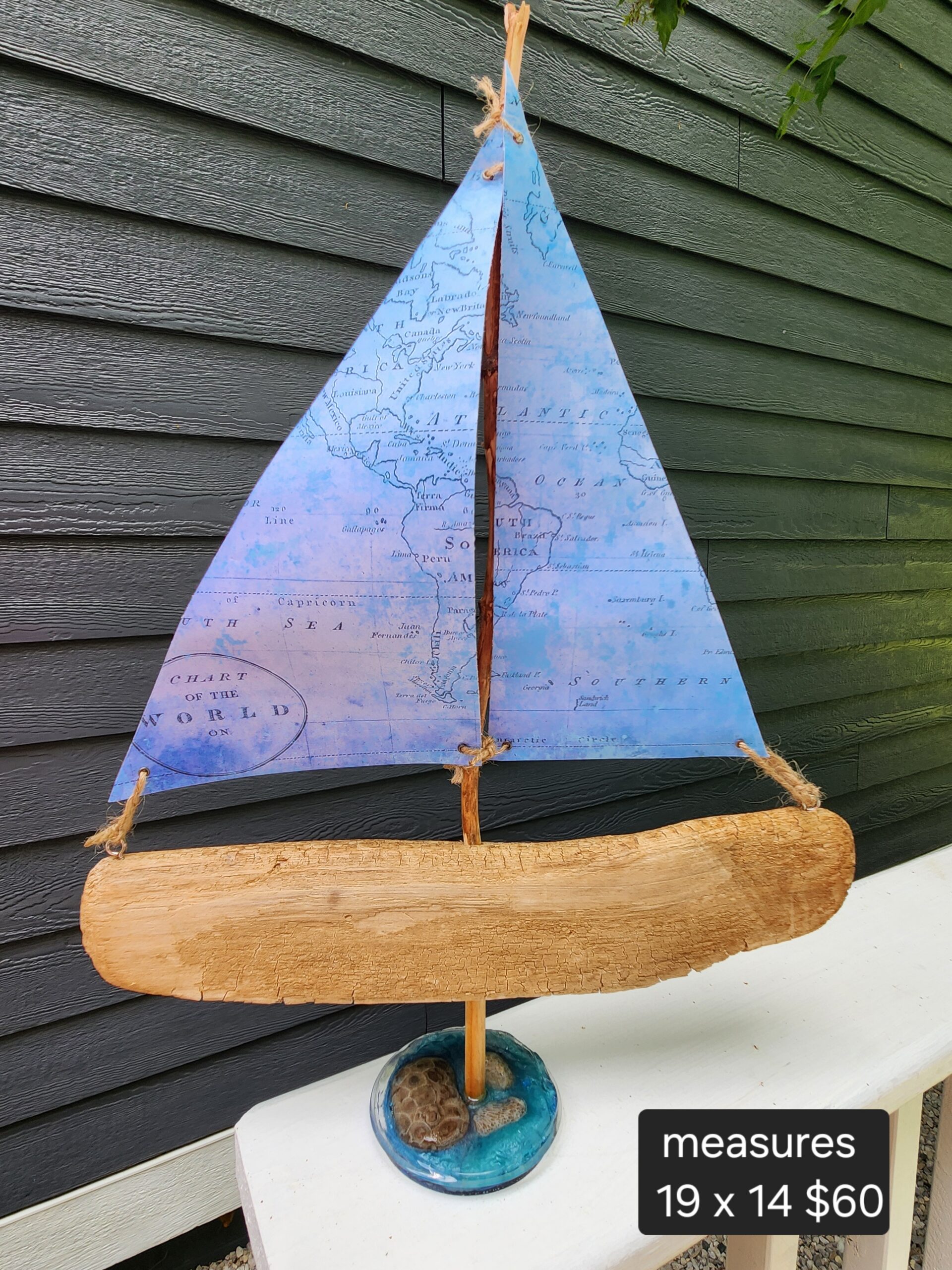 Driftwood Sailboat Figurine with Petoskey Stone Base - Made in the USA - Image 5
