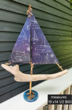 New Driftwood Sailboat Figurine with Petoskey Stone Base