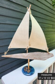 New Driftwood Sailboat Figurine with Petoskey Stone Base- Made in the USA