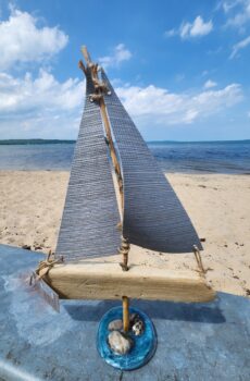 New Driftwood Sailboat Figurine with Petoskey Stone Base - Made in the USA