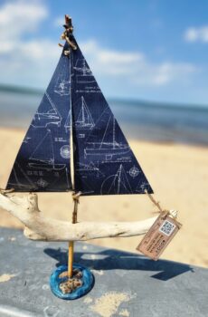 New Driftwood Sailboat Figurine with Petoskey Stone Base - Made in the USA