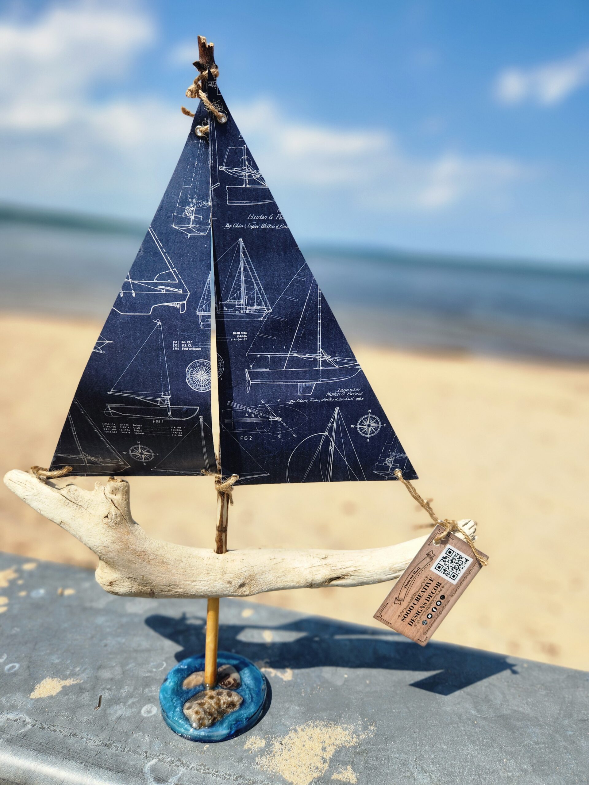New Driftwood Sailboat Figurine with Petoskey Stone Base - Made in the USA
