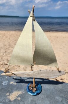 New Driftwood Sailboat Figurine with Petoskey Stone Base- Made in the USA