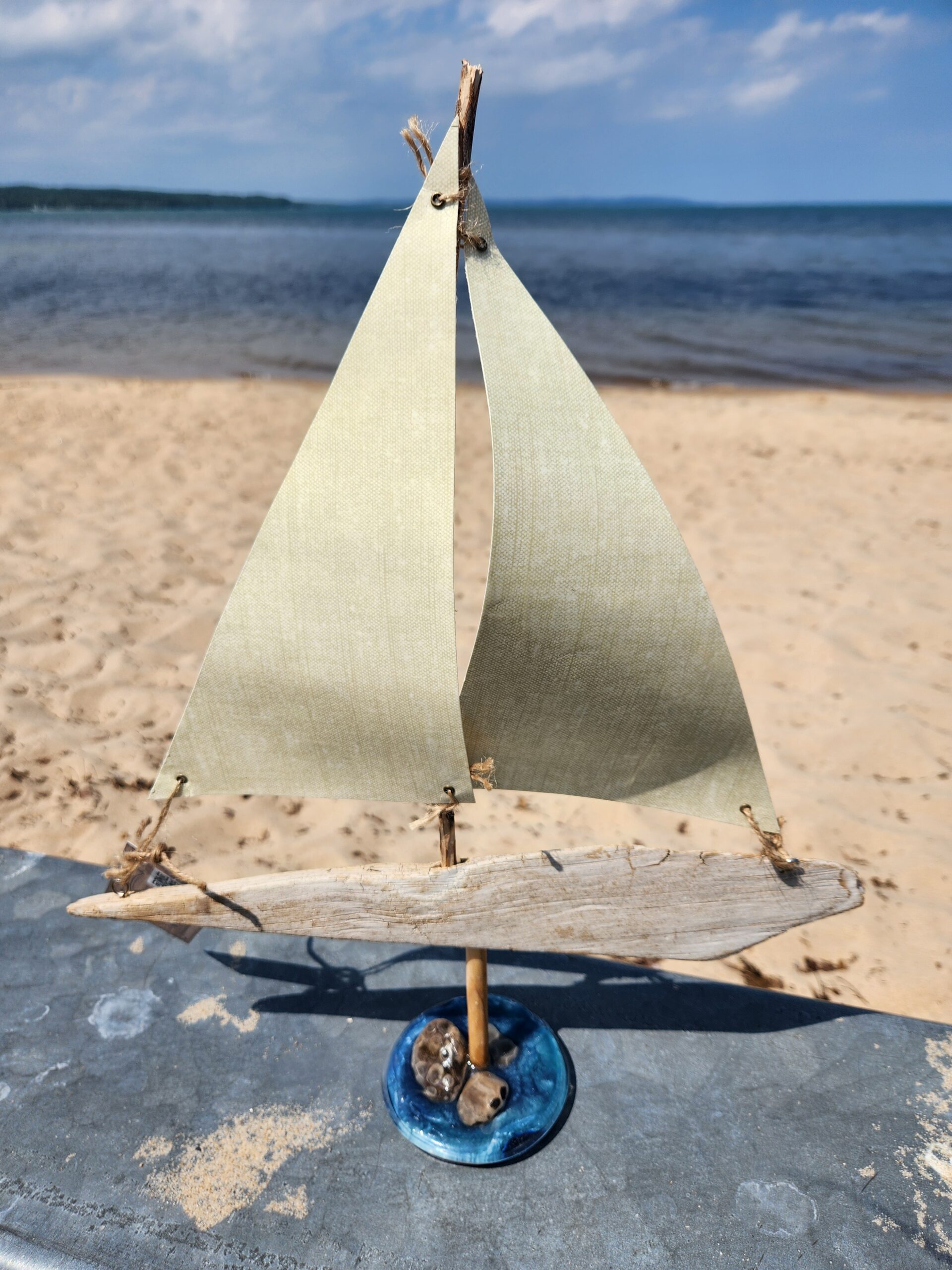 New Driftwood Sailboat Figurine with Petoskey Stone Base- Made in the USA