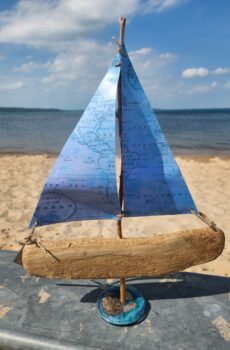 Driftwood Sailboat Figurine with Petoskey Stone Base - Made in the USA