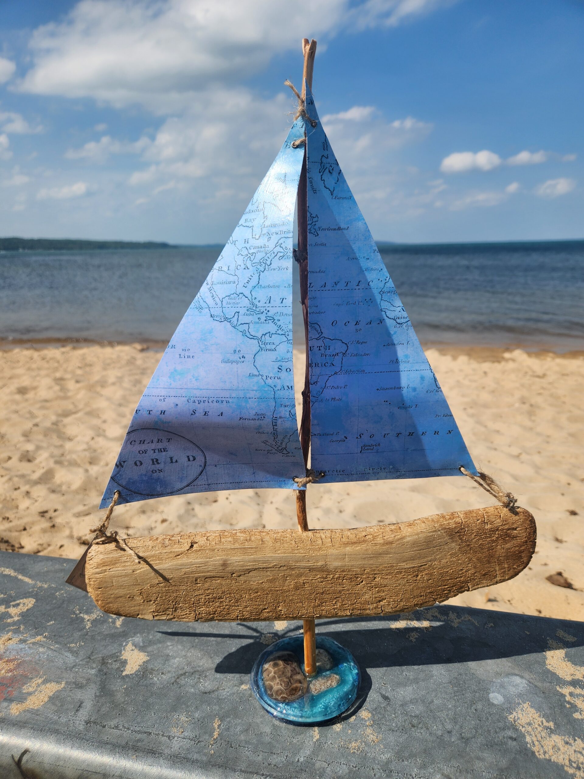 Driftwood Sailboat Figurine with Petoskey Stone Base - Made in the USA