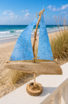 Handcrafted Driftwood Sailboat with Petoskey Stones - Made in the USA