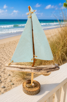 Handcrafted Driftwood Sailboat with Petoskey Stones - Made in the USA