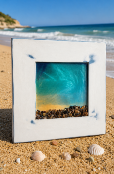 Lake-Inspired Resin Art on Solid Wood with Natural Stone - Crafted in the USA