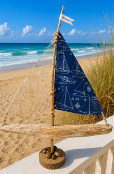 Handcrafted Driftwood Sailboat with Petoskey Stones with Michigan flag - Made in the USA