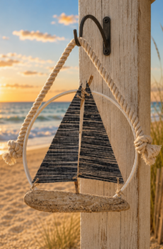 Rustic Driftwood Sailboat Wall Hanging with Rope – Coastal Nautical Lake House Decor - Made in the USA