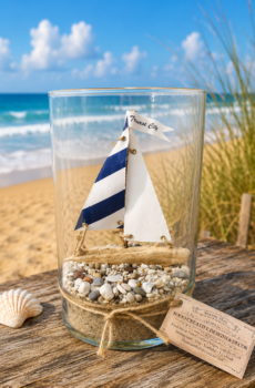 Coastal Glass Vase with Driftwood Sailboat and Michigan Flag- Crafted in the USA