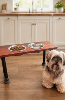Solid Walnut Dog Feeding Station with Steel Pipes & Steel Bowls