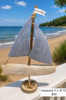 Handcrafted Driftwood Sailboat with Petoskey Stones and Traverse City Flag - Made in the USA