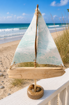 Handcrafted Driftwood Sailboat with Petoskey Stones - Made in the USA