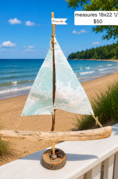 Handcrafted Driftwood Sailboat with Petoskey Stones with Traverse City flag - Made in the USA