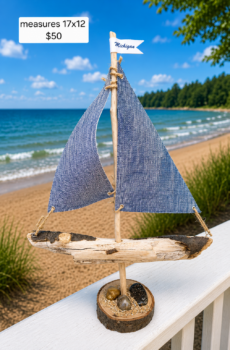 Handcrafted Driftwood Sailboat with Petoskey Stones with Michigan flag - Made in the USA