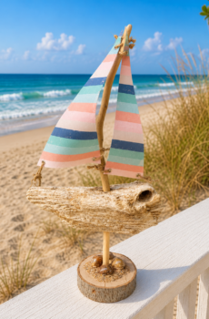 Handcrafted Driftwood Sailboat with Petoskey Stones - Made in the USA