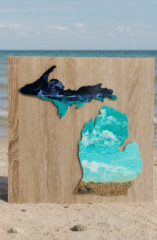 Acrylic Pour Michigan Beach Painting with Sand & Rocks – Coastal Charm! Crafted in the USA!