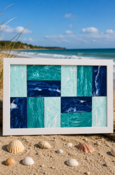 Handmade Coastal Acrylic Pour Painting – Ocean Waves Wall Art, Blue Turquoise Teal, Solid Wood Frame, Made in USA!