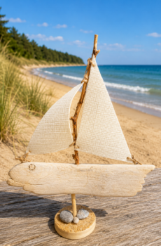 A Unique Sailboat Crafted from Driftwood, Petoskey Stones, Sand, and White Sails-Made in the USA