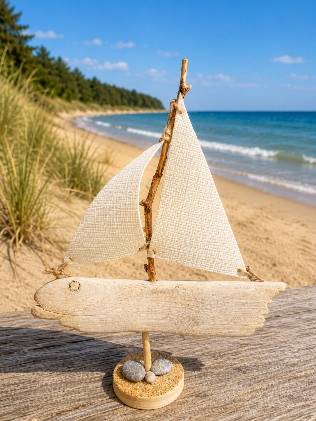 A Unique Sailboat Crafted from Driftwood, Petoskey Stones, Sand, and White Sails-Made in the USA