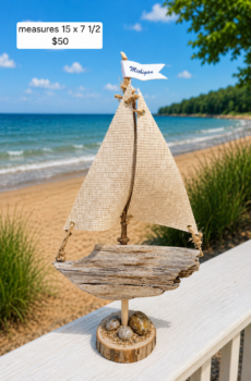 Handcrafted Driftwood Sailboat with Petoskey Stones and Michigan flag - Made in the USA