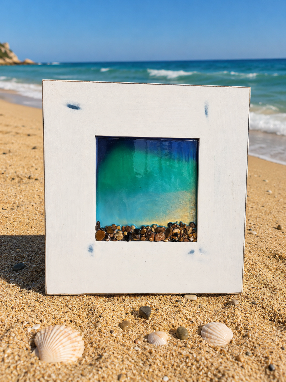 Lake-Inspired Resin Art on Solid Wood with Natural Stone - Crafted in the USA