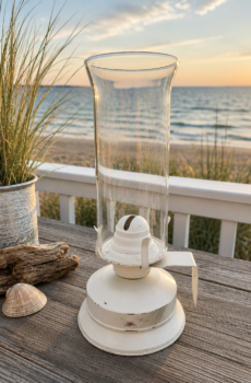 Vintage White Hurricane Lantern – Rustic Coastal Farmhouse Decor