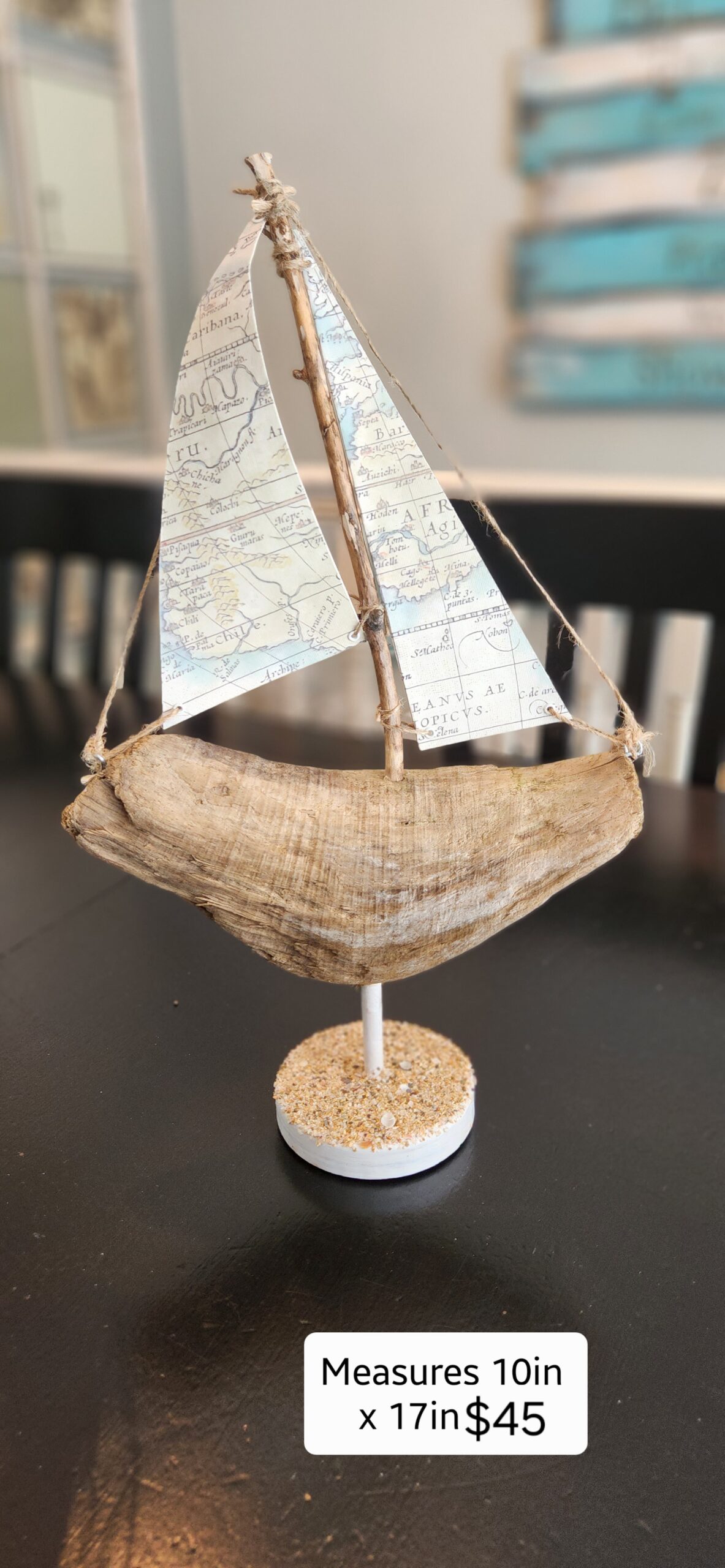 Handmade Driftwood Sailboat with Vintage Map Sails – Coastal Nautical Decor - Made in the USA - Image 4
