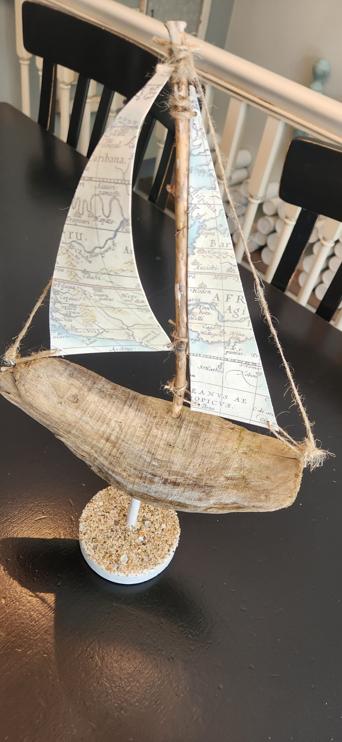 Handmade Driftwood Sailboat with Vintage Map Sails – Coastal Nautical Decor - Made in the USA - Image 3