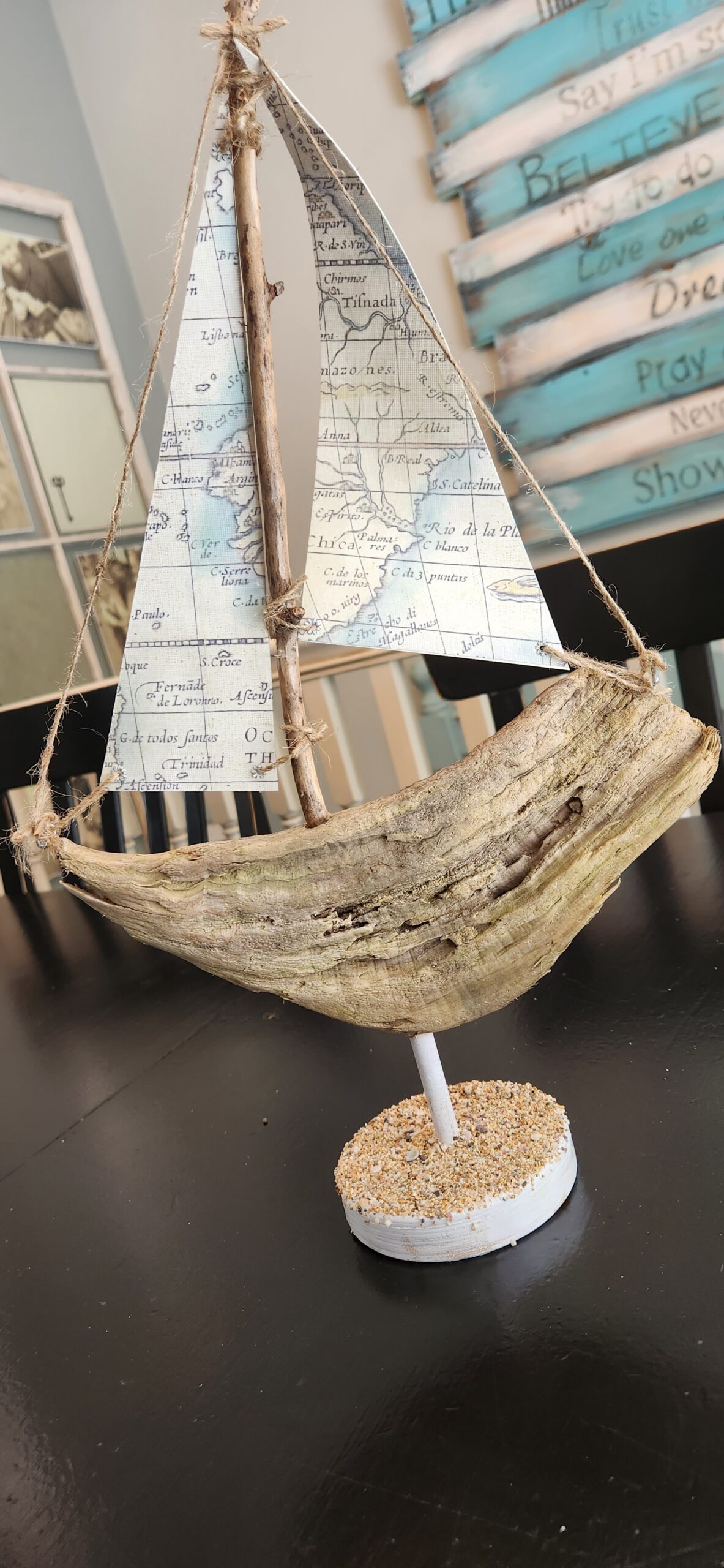Handmade Driftwood Sailboat with Vintage Map Sails – Coastal Nautical Decor - Made in the USA - Image 2