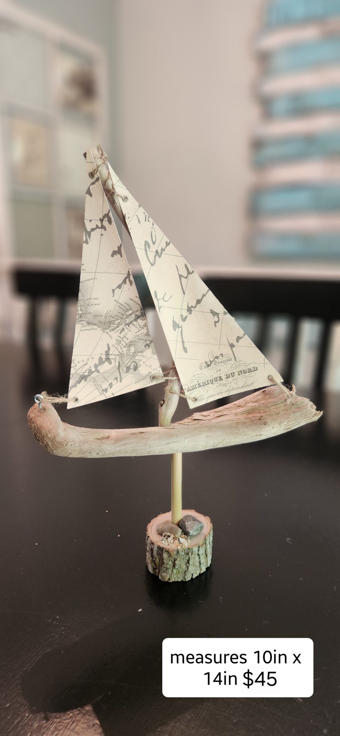 Handmade Driftwood Sailboat with Vintage Map Sails – Coastal Nautical Decor - Made in USA - Image 2
