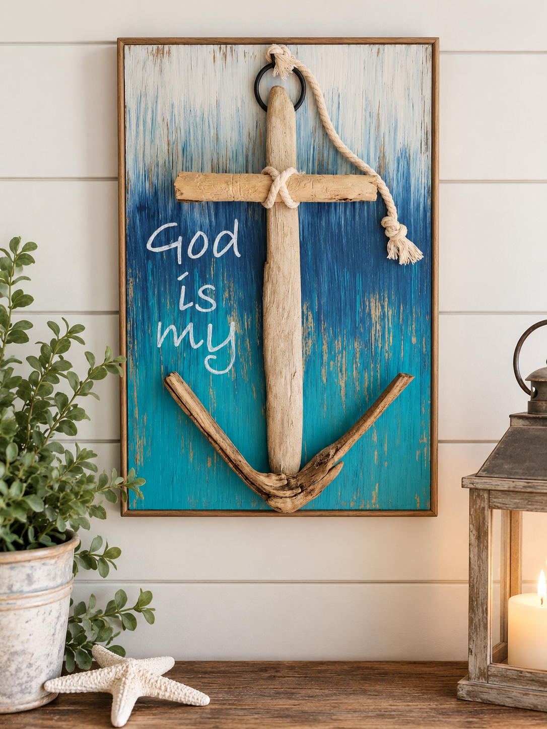 Coastal Christian Driftwood Anchor Wall Art – “God Is My Anchor”