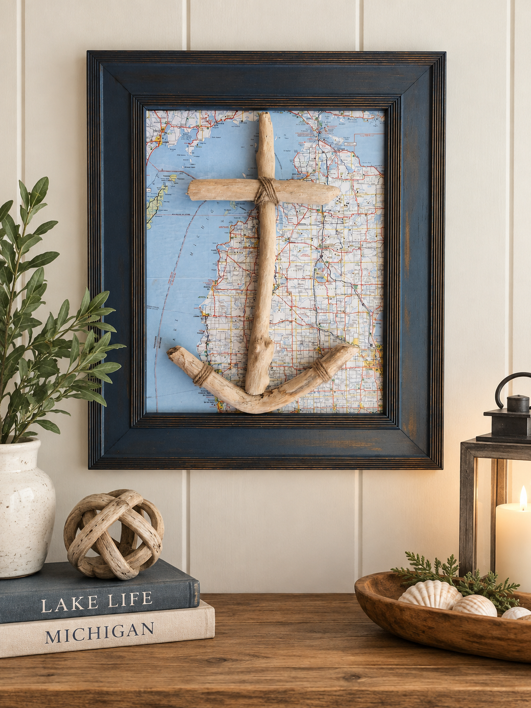 Handmade Driftwood Anchor Wall Art | Michigan Map Coastal Lake House Decor | Nautical Wall Hanging